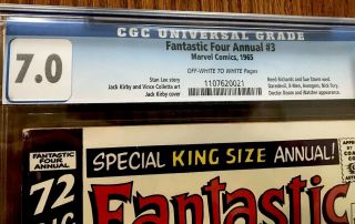 Fantastic Four Annual 3 CGC 7.  0 OW/W Reed and Sue wedding Jack Kirby Stan Lee 3