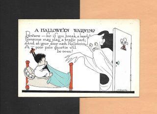 Girl In Bed Frightened By Ghost On Spooky Vintage Halloween Postcard