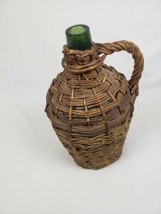 Vtg Italian Wicker Green Glass Wine Bottle Rum Jug Large 15.  5 " Tall Handle