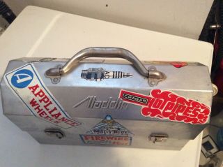 Vintage Aluminum Metal Lunch Box Dome Aladdin Industries Race Car Stickers