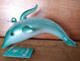 Blown Glass Turquoise Glitter Dolphin Nautical Sea Christmas Ornament
