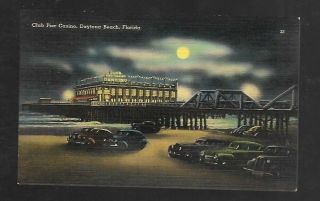 Vintage Postcard Linen Club Pier Casino Daytona Beach Florida Old Cars