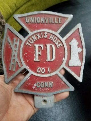 Vintage Unionville Conneticut Fire Dept License Plate Truck Member Plaque Topper
