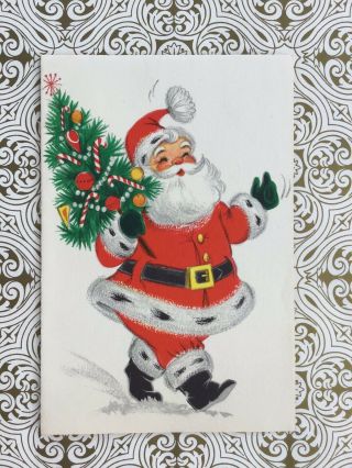Gvv Vintage Mid - Century Santa W/tree Christmas Card Hallmark Un -