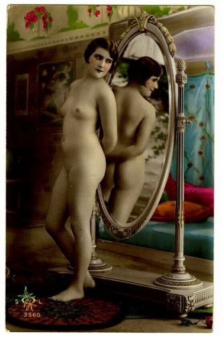 French Nude Ca.  1920 Young Lady In Front Of A Mirror Tinted