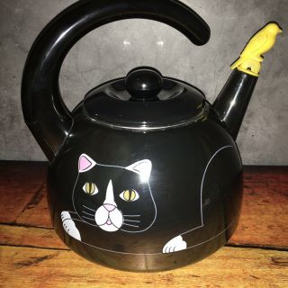 Vintage Cat Tea Pot Black Kitty Kettle Whistling Tea Pot Yellow Bird Spout