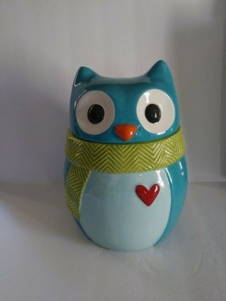 St.  Nicholas Square Merry Merrry Blue Owl With Red Heart Cookie Jar 9.  5 T Euc