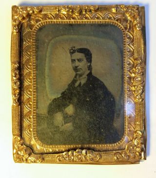 Ambrotype Woman W/big Bow Tie 1/9 Half Case 1860s Jamestown,  Ny W/r16 Rev Stamp
