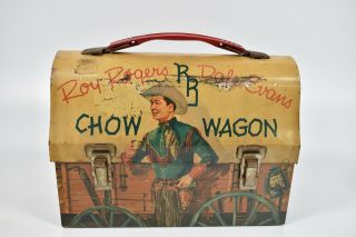 Vintage 1950 ' s Roy Rogers Dale Evans Chow Wagon Metal Lunch Box w/ Thermos 2