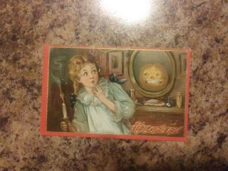 Vintage 1910s Halloween Postcard Girl W/ Candle Jol In Mirror Tuck 