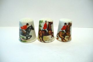 Thimble Porcelain Set Of 3 Limoges France Fox Hunters On Horses
