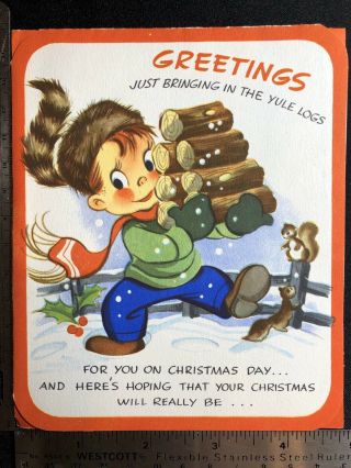 Vintage 1952 Christmas Greeting Card Cute Kid Fireplace Logs Snow Boy