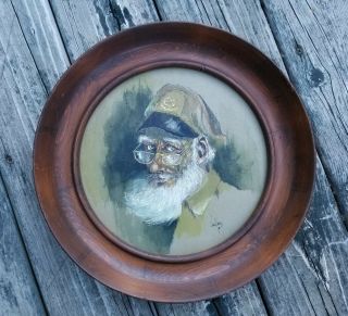 Vtg Jerry Vallez Signed Painting Nautical Sea Captain,  Round Wood Frame