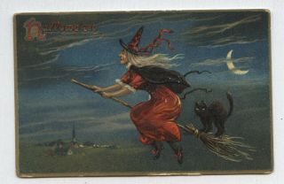 Vintage Tucks Halloween Postcard Flying Red Witch Black Cat Broom Crescent Moon