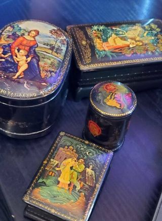 Vintage Russian Lacquered Music Box And Trinket Box Set,  All Signed