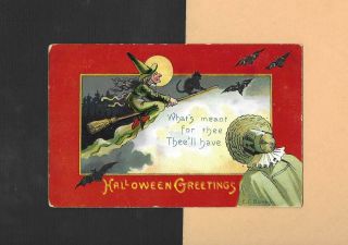 Witch Rides Broom,  Bats,  Black Cat,  Spooky A/s Banks Vintage Halloween Postcard
