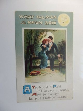 Art Deco Postcard Man In The Moon And Lovers By Moonlight Embossed