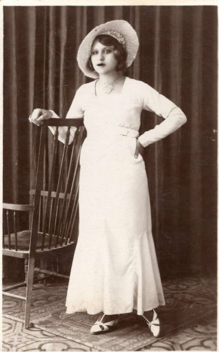Egypt Vintage Photo.  Cute Carve Lady With Hat & White Dress