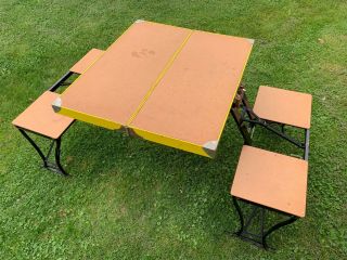 Vintage Yellow Handy Folding Table Milwaukee Stamping Camping Portable Set