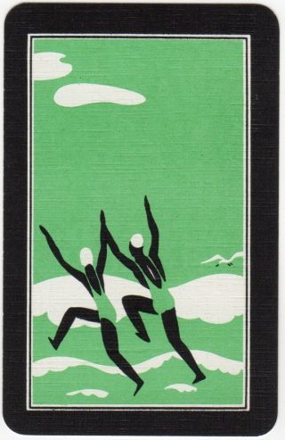 Playing Cards Single Card Old Vintage Art Deco Beach Girl Girls Jumping Waves 1