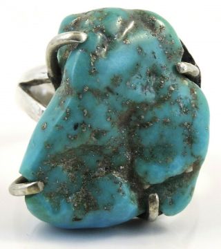 Large Vintage Native American Sterling Silver Pronged Turquoise Stone Ring 66 - 04