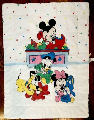 Vintage Disney Baby Quilt 80s Mickey Mouse Minnie Dundee Crib Comforter Blanket