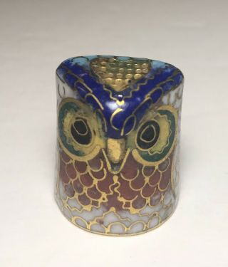 Cloisonné Enamel & Brass Owl Thimble Bright Cheery Colorful Vintage Owl Figure