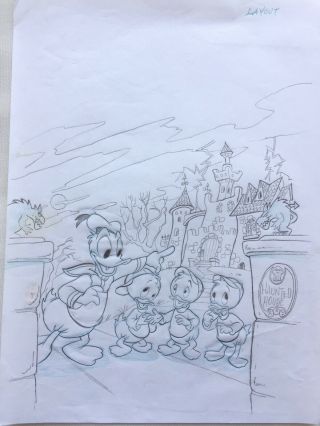 Vintage Disney Production Art Drawing Of Donald Duck And Three Twins