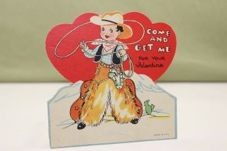 Vintage Valentine Greeting Card Die Cut Cowboy In Chaps With Lasso & 6 Shooter