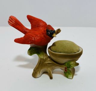 Vintage Ardalt Porcelain Red Cardinal Bird On A Nest Sewing Pin Cushion