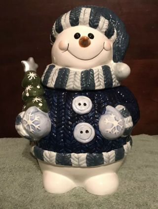 Collectible Holiday Christmas Snowman Holding Christmas Tree Ceramic Cookie Jar
