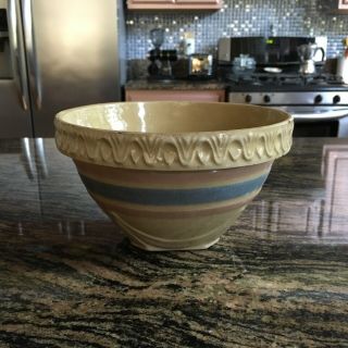 Vintage Antique Art Pottery Yellow Ware Mixing Bowl Pink Blue Stripe Stoneware