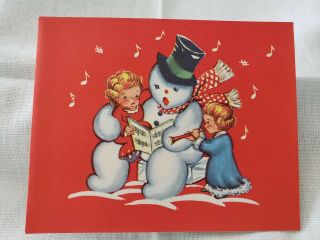 Vintage Christmas Greeting Card Sweet Children Snowman Singing Carol 