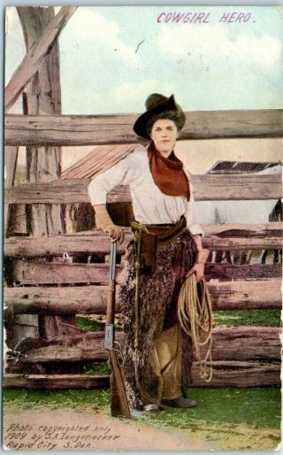 Vintage Cowboy / Western Postcard " Cowgirl Hero " Woman Rifle Rope 1908 Cancel