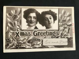 Vintage Collectable Postcard - 1910 - Xmas Greetings Ev & Beck - Ladies - Holly