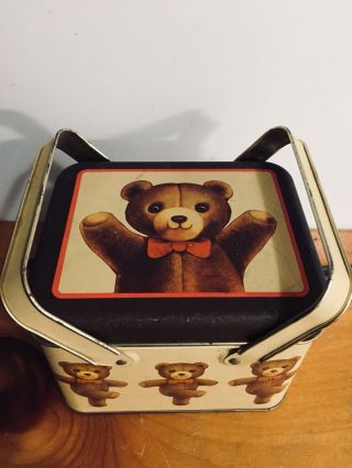 1983 Bristol Ware Usa Vtg Dancing Teddy Bear Cookie Tin With Handles -