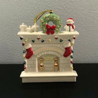 Lenox Bless This Home Christmas Ornament Fireplace with Snowman Wreath HTF MIB 2