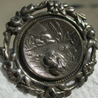 1940s French Frog On Pond W/cattails 1 1/2 " Pierced Vintage Antique Metal Button