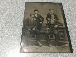 1900’s Tintype Photo 4 Young Men With Hat All Smoking Cigar