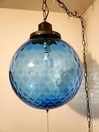 Vtg Mid Century Modern Sapphire Blue Optic Glass Globe Ceiling Swag Lamp 14 "