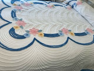 Chenille Bedspread White Blue W/ Pink Floral Vintage Cottage Chic 86 " X100 " Full