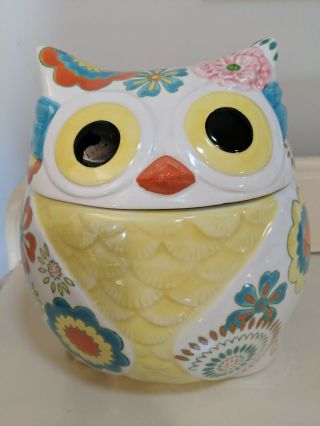 Pier 1 Imports Hand Painted Stoneware Owl Large Cookie Jar Canister W/ Lid Euc