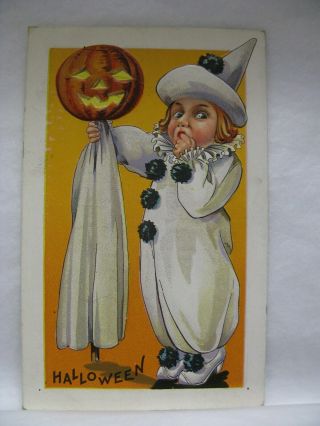 Stecher Halloween Postcard Girl In Clown Costume With A Ghost Jol