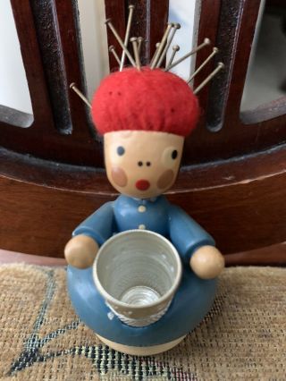 Vintage Germany - Early Wooden Pin Cushion Doll W/thimble Holder Blue/red/silver