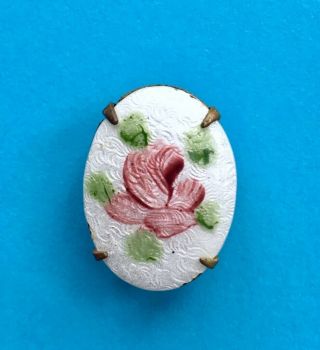 A 18mm Long Vintage Guilloche Enamel Button,  Rose On White,  Brass Casing