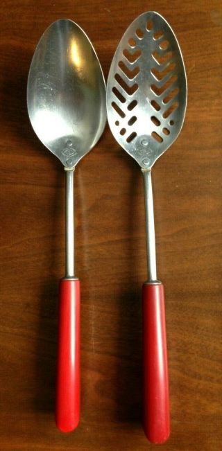 Vtg Pair A&j Red Bakelite Handle Slotted & Solid Stainless Steel Serving Spoons
