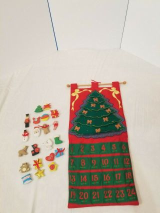 Vintage Cloth Embroidered Christmas Countdown Calendar Pockets Tree Presents Kid