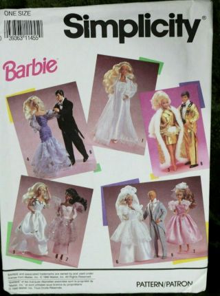 Vtg Barbie Ken Doll Clothes Pattern Simplicity Uncut 11.  5 " Formal Prom Bridal