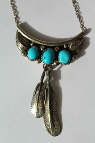 Vintage J Begay Navajo Turquoise & Sterling Silver Feather Pendant With Chain