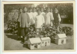 C1930s China Mission School Girls W/ Miniature Houses Photo - Likely Near Peking